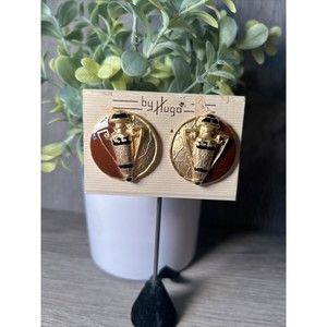 Clip on 1.75" Diameter Abstract Aztec Clip on Enamel Earrings